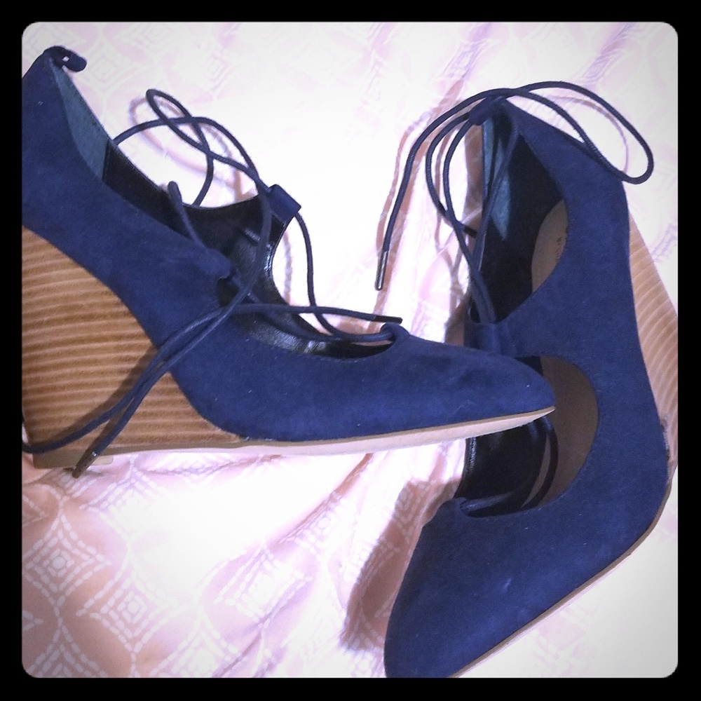Navy wedge heel ankle booties shoes lace up